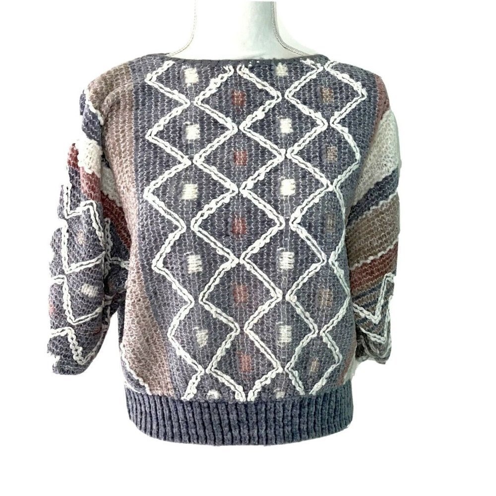 Donagain Sweater Womens Medium M Vintage Chenille Knit Acrylic Purple Off White